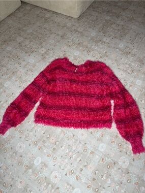 Free People Fuzzy Off-Shoulder Magenta Striped Sweater